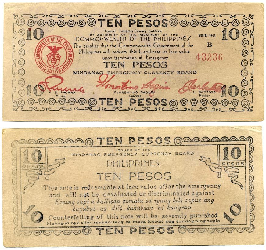 ФИЛИППИНЫ 10 ПЕСО 1943 ВТОРАЯ МИРОВАЯ ВОЙНА, ЧРЕЗВЫЧАЙНЫЙ ВЫПУСК Pick S488a бумага 3295-27-2