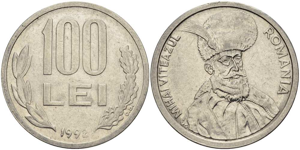 Румыния 100 леев 1992 Михай Храбрый (1558-1601) KM 111 сталь плакированная никелем 4517-635