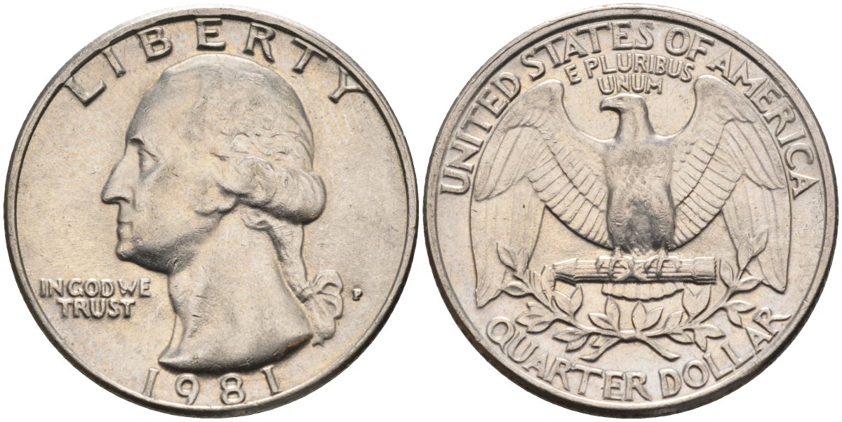 США 25 центов = квотер 1981 P, Вашингтон KM A164a медь плакированная медно-никелем 4584-1127