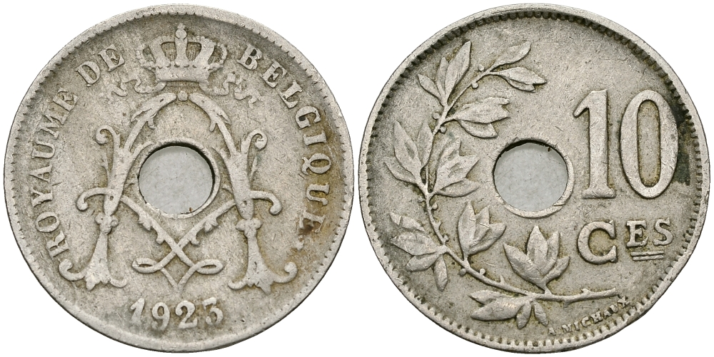 БЕЛЬГИЯ 10 САНТИМОВ 1923 BELGIQUE KM 85.1 медно-никель 540-251