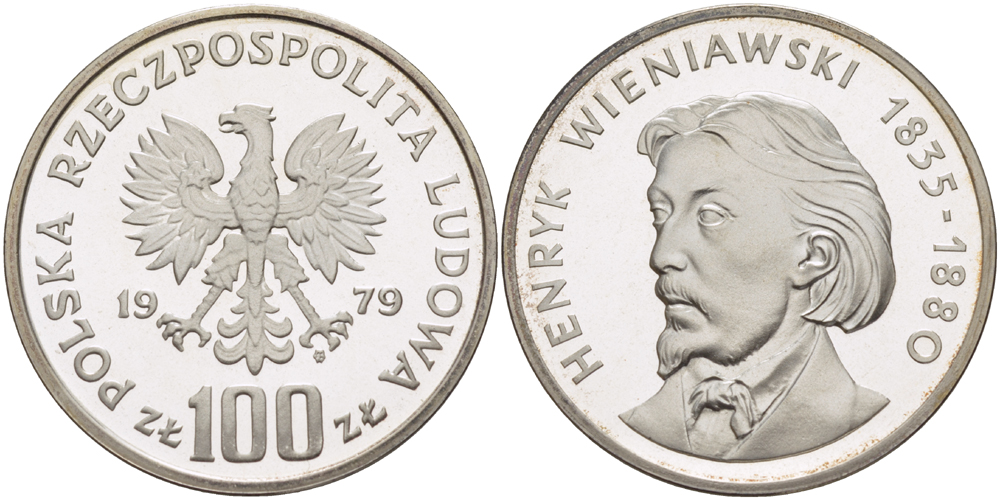 Польша 100 злотых 1979 MW, Генрик Венявский (1835-1880) KM 98, Parchimowicz 284 серебро PROOF 1085-1-24
