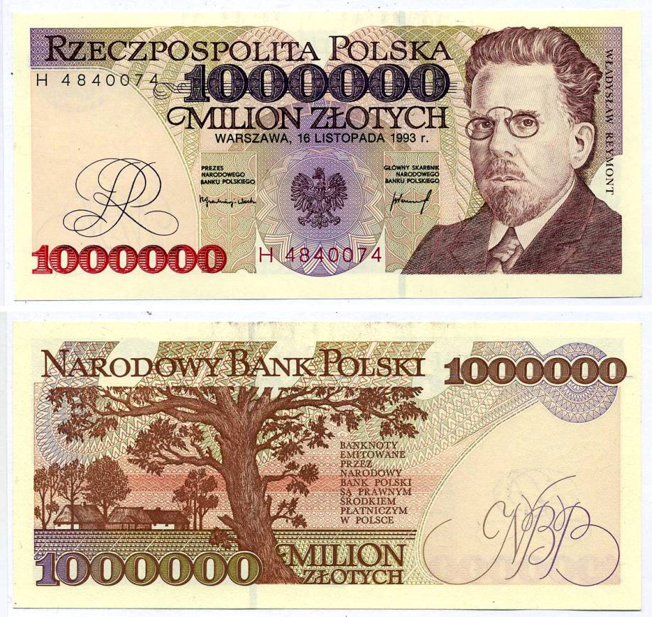 ПОЛЬША 1000000 ЗЛОТЫХ 1993 16 НОЯБРЯ 1993, ВЛАДИСЛАВ РЕЙМОНТ Pick 162а бумага аUNC 7218-18-3-1