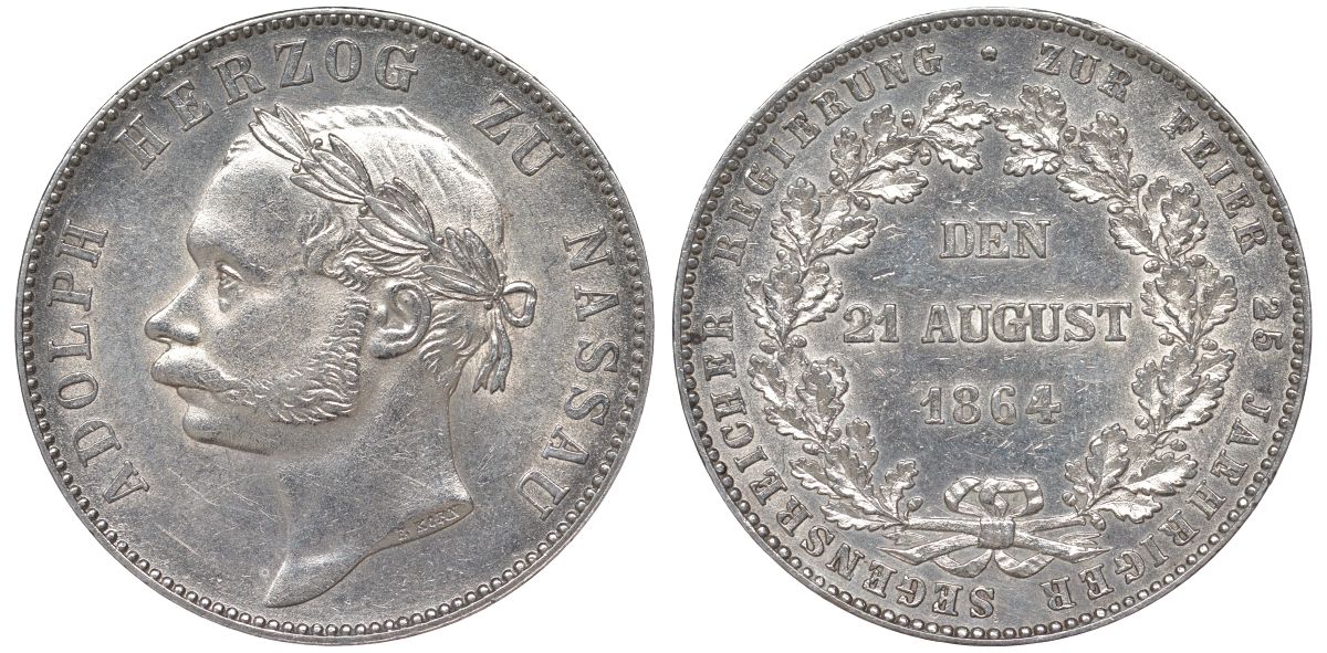 Нассау 1 талер 1864 на 25 лет правления герцога Адольфа Jaeger 63, Thun 238, AKS 77, Kahnt 316, Davenport 750 серебро 00-806-47
