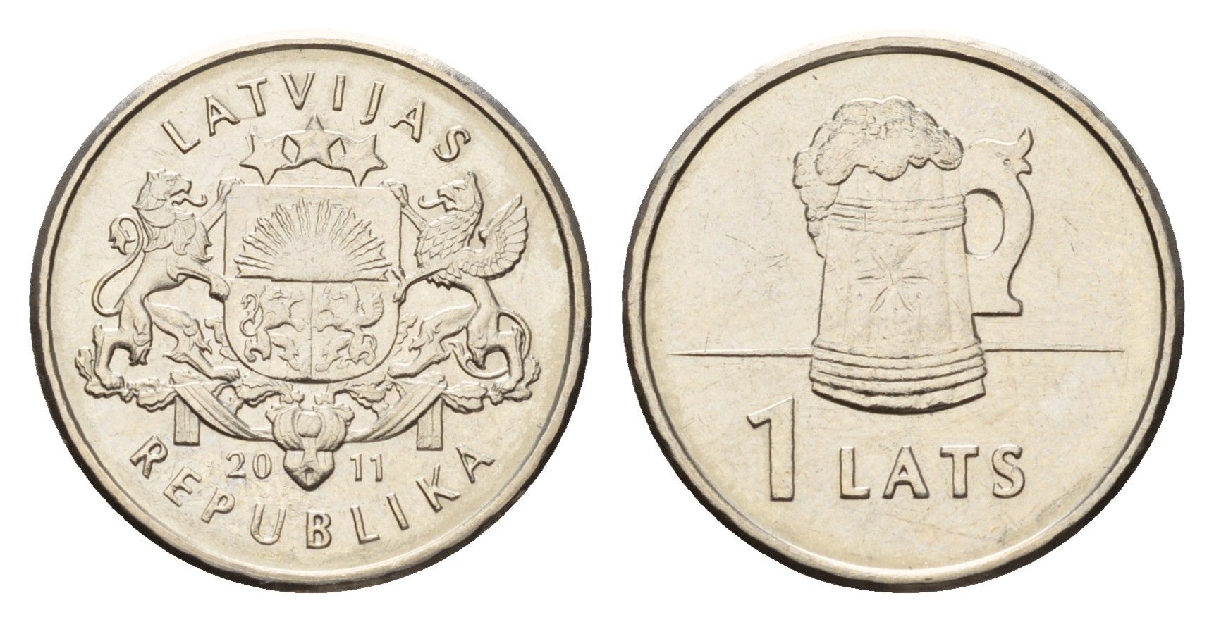 Латвия 1 лат 2011 Пивная кружка KM 119 медно-никель UNC M72-05