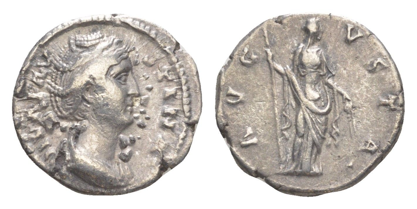 Римская Империя денарий 141 Фаустина Старшая, жена Антонина Пия, посмертная чеканка, DIVA FAVSTINA, бюст императрицы/AVGVSTA, Церера с факелом и колосом, Рим RIC 359 серебро 1073-1-84