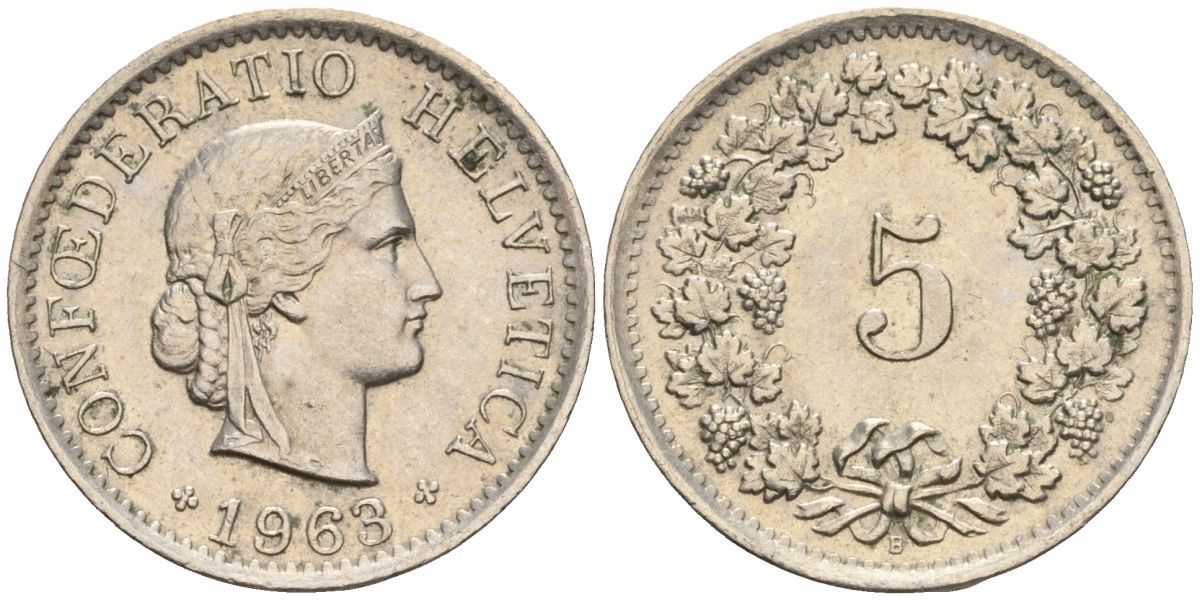 Швейцария 5 раппенов 1968 B KM 26 медно-никель 4608-458