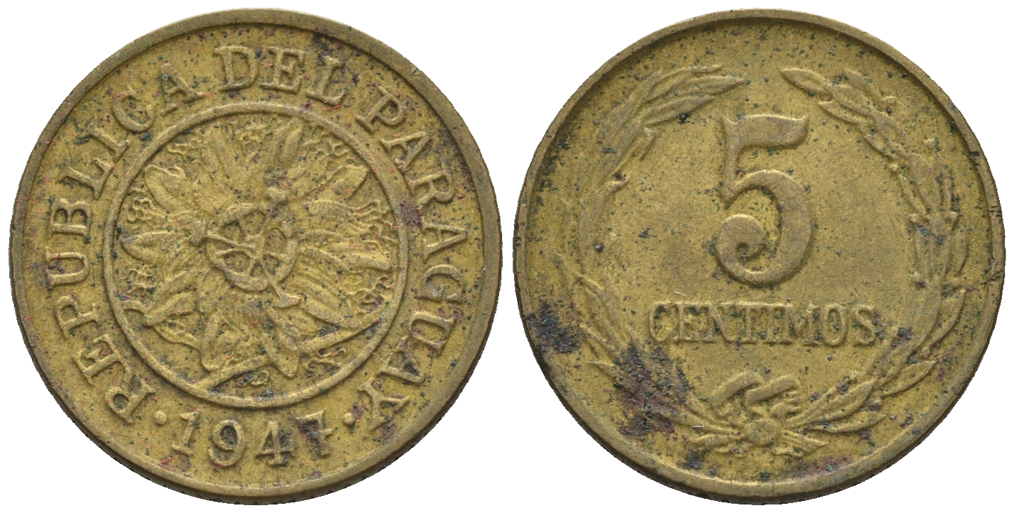 Парагвай 5 сентимо 1947  KM 21 алюминиевая бронза    220-1014