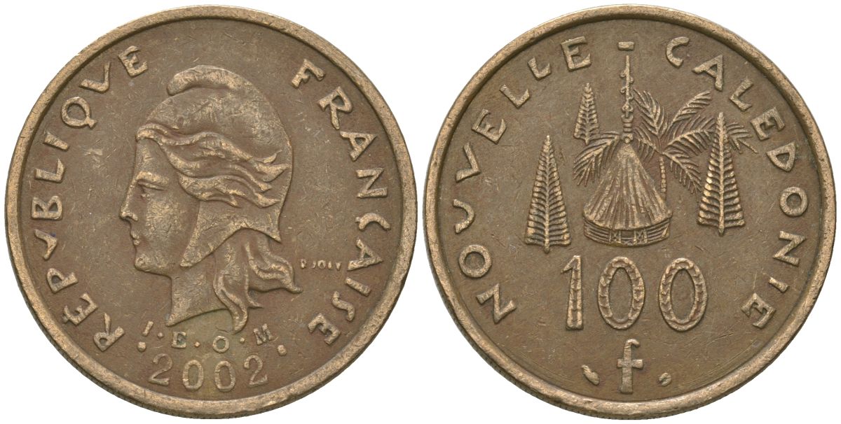Французская Новая Каледония 100 франков 2002 хижина среди сосен и пальм, (IEOM) KM 15, Schoen 16, Lec 139f никель бронза 109-826