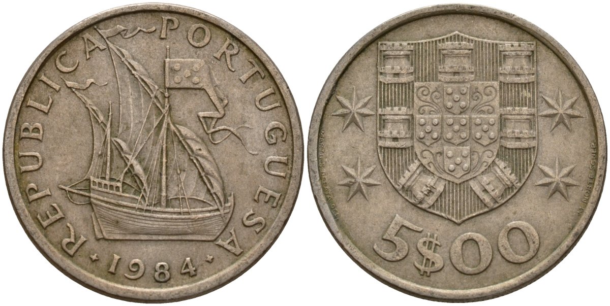 Португалия 5 эскудо 1984 KM 591 медно-никель 4156-555