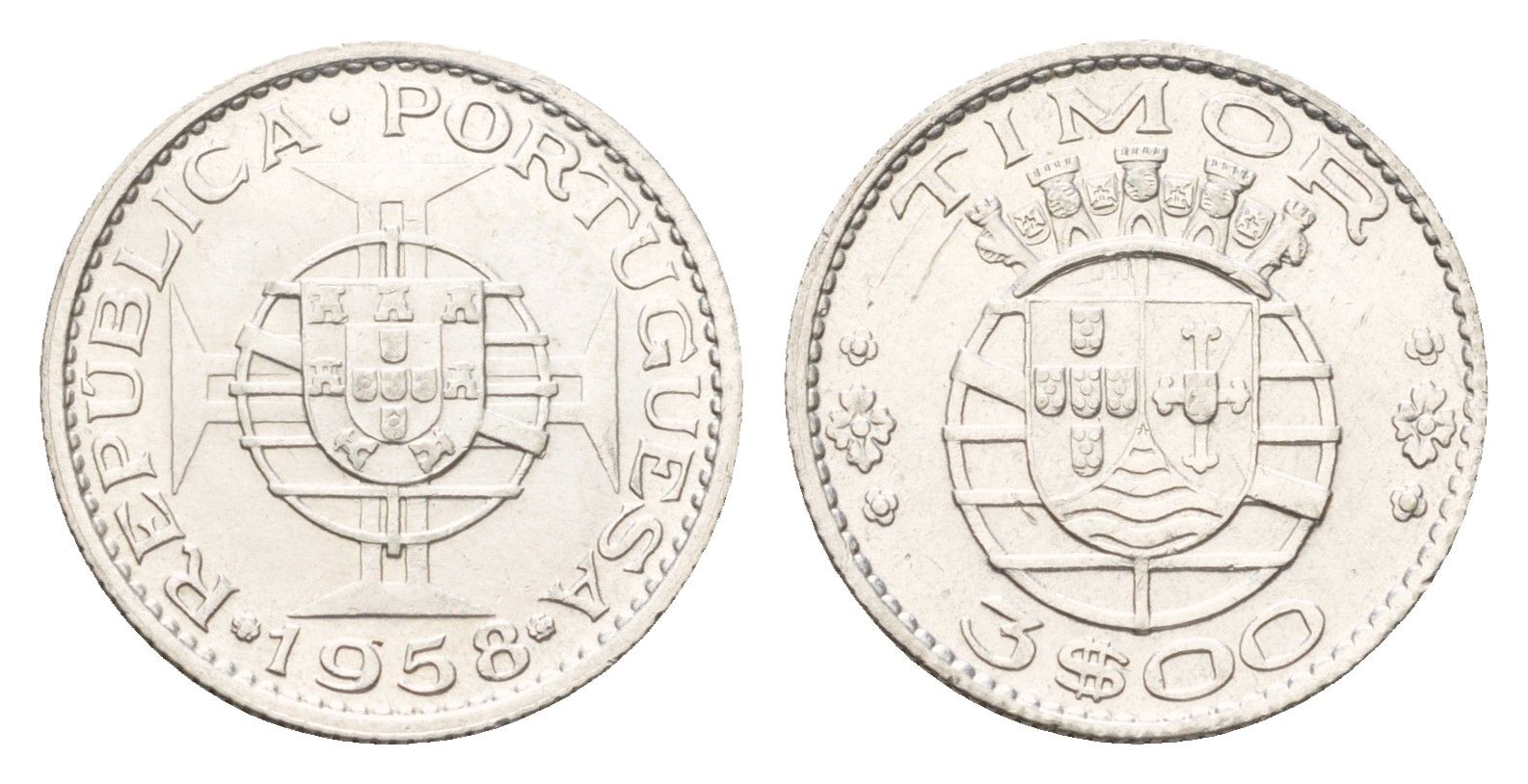 Португальский Тимор 3 эскудо 1958 год-тип KM 14 серебро 4669-756