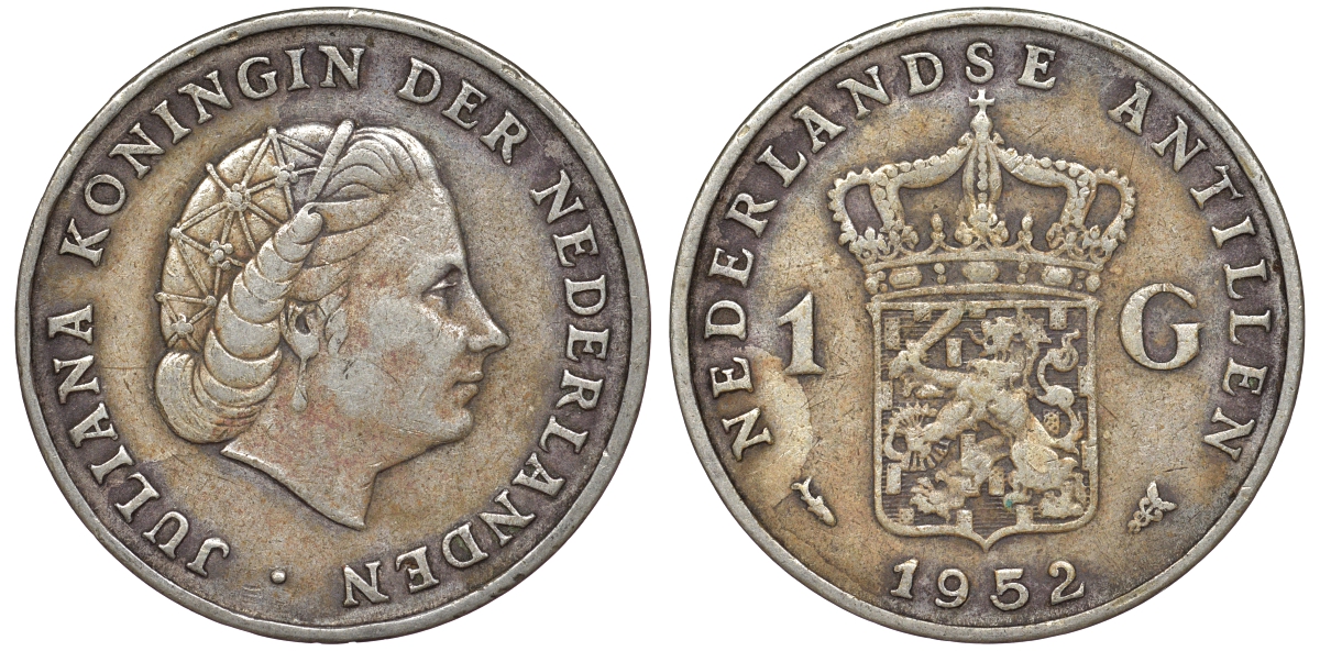 Нидерландские Антилы 1 гульден 1952 Юлиана (1948-1980) KM 2 серебро 36-916