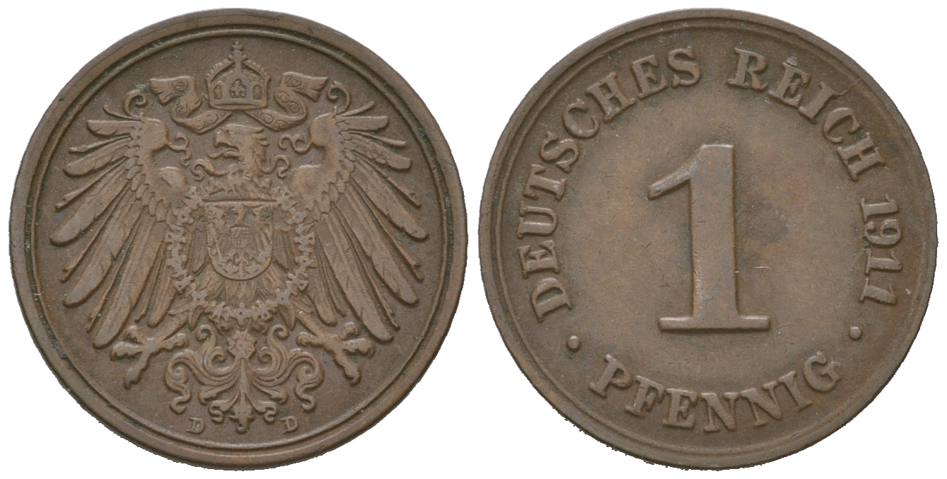 Германия 1 пфенниг 1911 D KM 10, J. 10 медь 4623-436