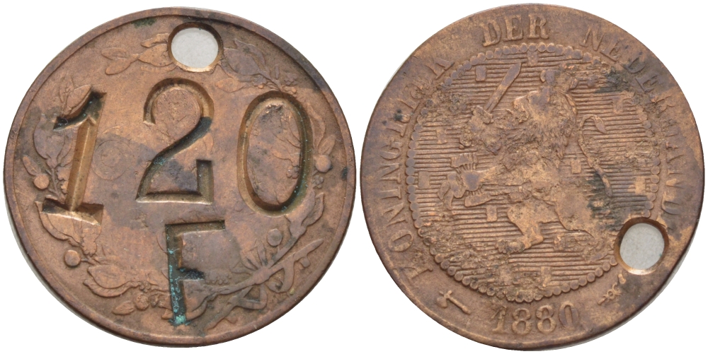 НИДЕРЛАНДЫ ЖЕТОН 1880 НАДЧЕКАНКА НА 2 1/2 ЦЕНТАХ 120 F, С ОТВЕРСТИЕМ ДЛЯ НОШЕНИЯ бронза 31-1255