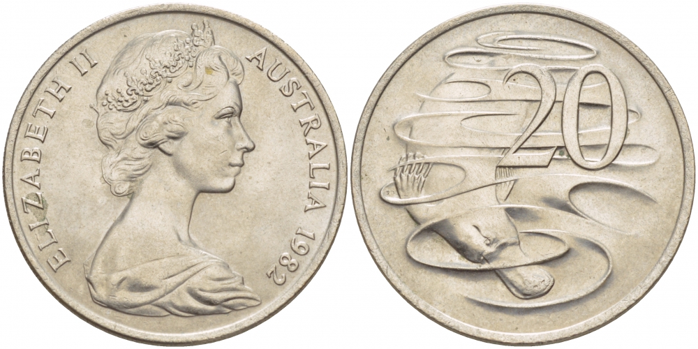 АВСТРАЛИЯ 20 ЦЕНТОВ 1982 ЕЛИЗАВЕТА II, МОЛОДОЙ ПОРТРЕТ, УТКОНОС KM 66 медно-никель UNC 111-124