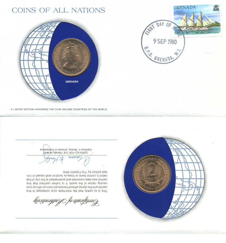 Восточно-Карибские штаты, Гренада 2 цента 1965 конверт с маркой первого дня гашения, Coins of Nations KM 3 бронза UNC 4294-62-3
