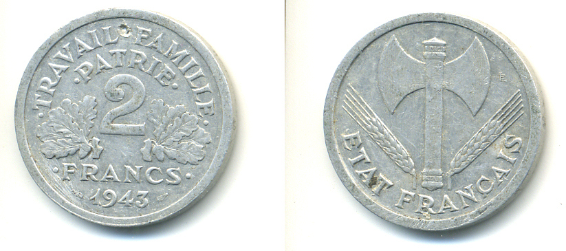 Франция 2 франка 1943 правительство Виши KM 904.1 алюминий 83-522