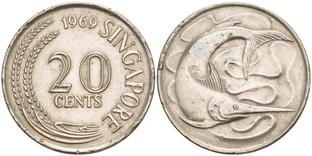 СИНГАПУР 20 ЦЕНТОВ 1969 ГОЛУБОЙ МАРЛИН, ТУНЕЦ KM 4 медно-никель 4548-352