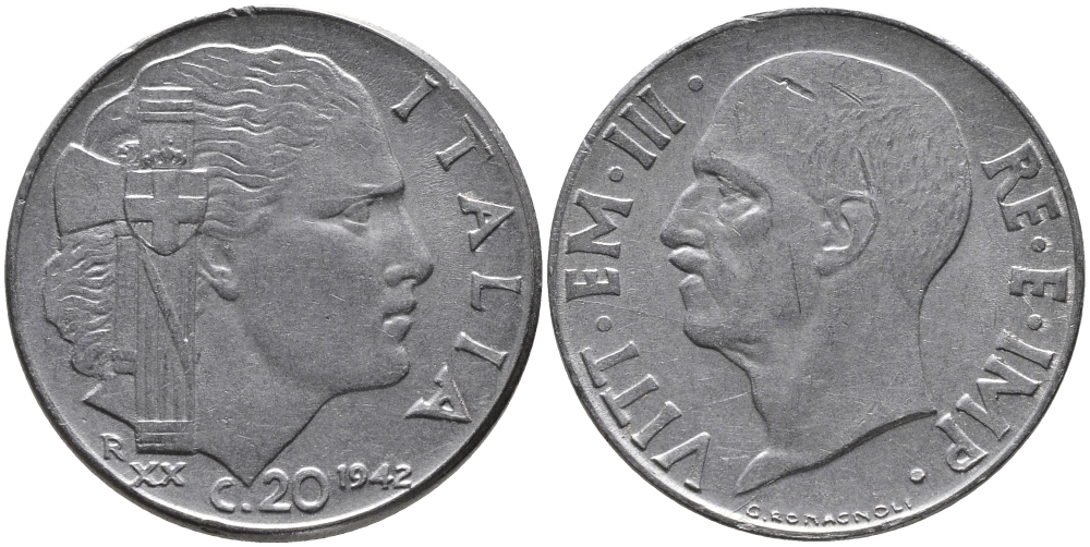 Италия 20 чентезимо 1942 R, Виктор Эммануил III (19200-1946), XX год KM 75b нержавеющая сталь 85-1115