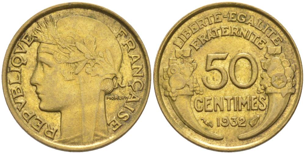 ФРАНЦИЯ 50 САНТИМОВ 1932 ТИП MORLON, OPEN 9, БЕЗ ЯГОДЫ KM 894.1, LE FRANC 192.7 алюминиевая бронза 44-733