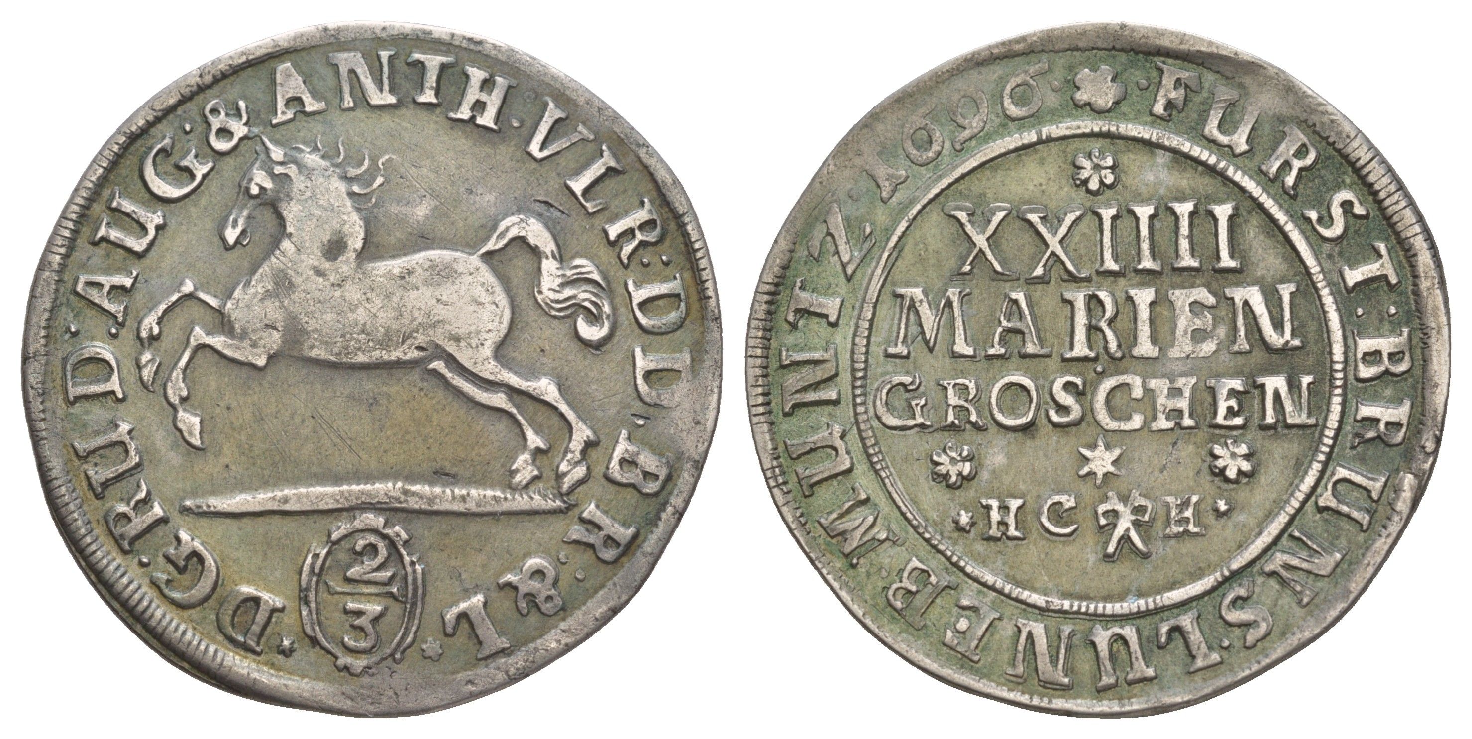 Брауншвейг-Вольфенбюттель 2/3 талера = 24 мариенгроша 1696 HCH KM 615, Welter 2082, Davenport 332 серебро 00-810-65