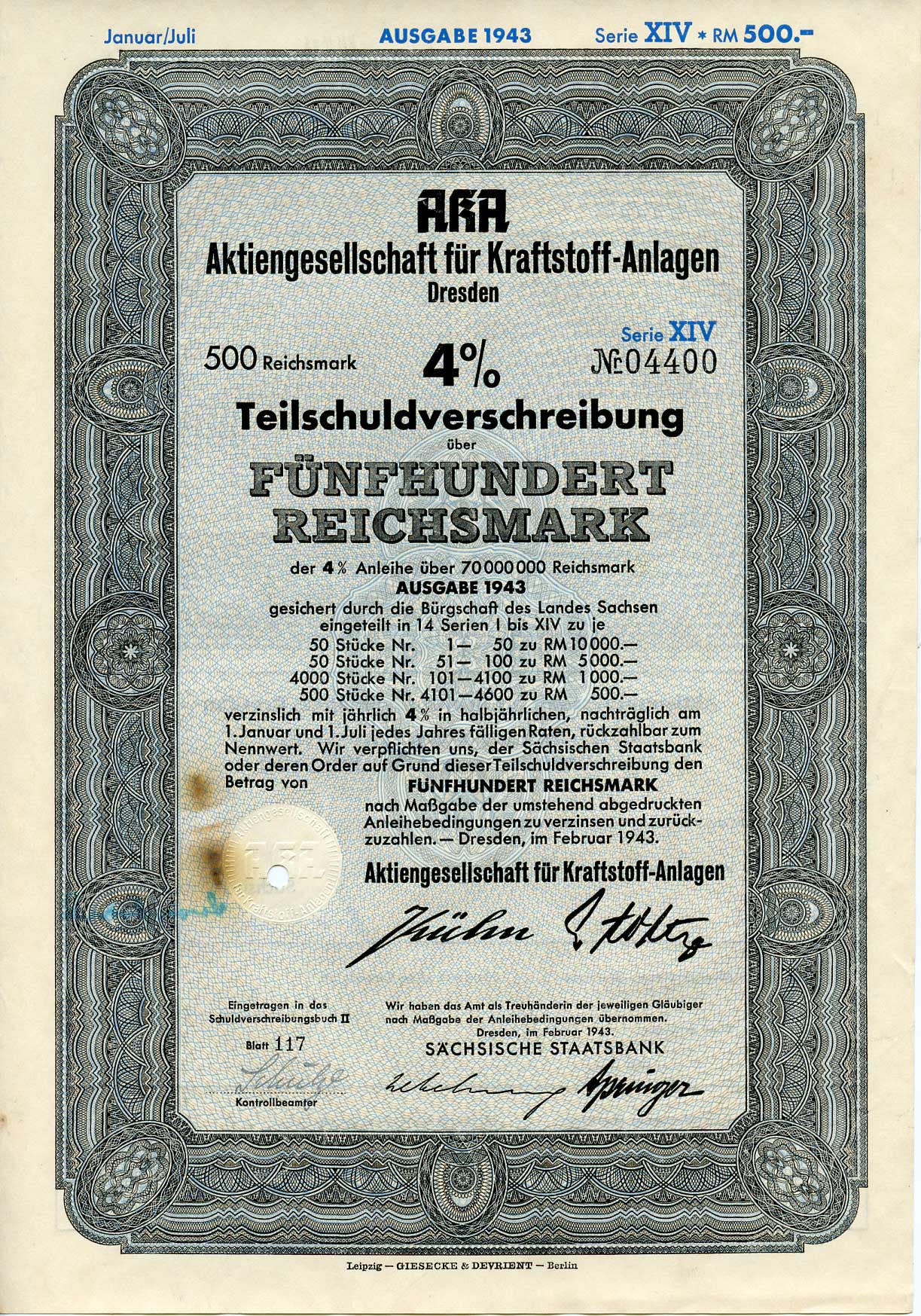 Германия 500 рейхсмарок 1943 АО топливных заводов, Дрезден, также известное как AKA, 4%частичное обязательство, серия XIV, облигация   бумага   8802-47-1