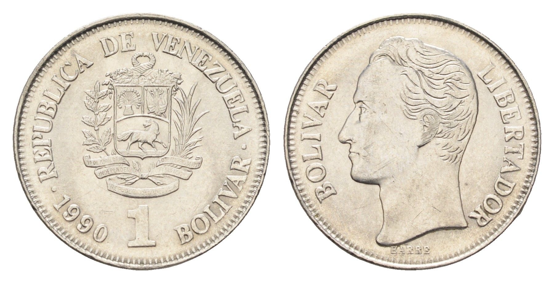 Венесуэла 1 боливар 1990 Симон Боливар Y 52a сталь плакированная никелем UNC 4666-1235