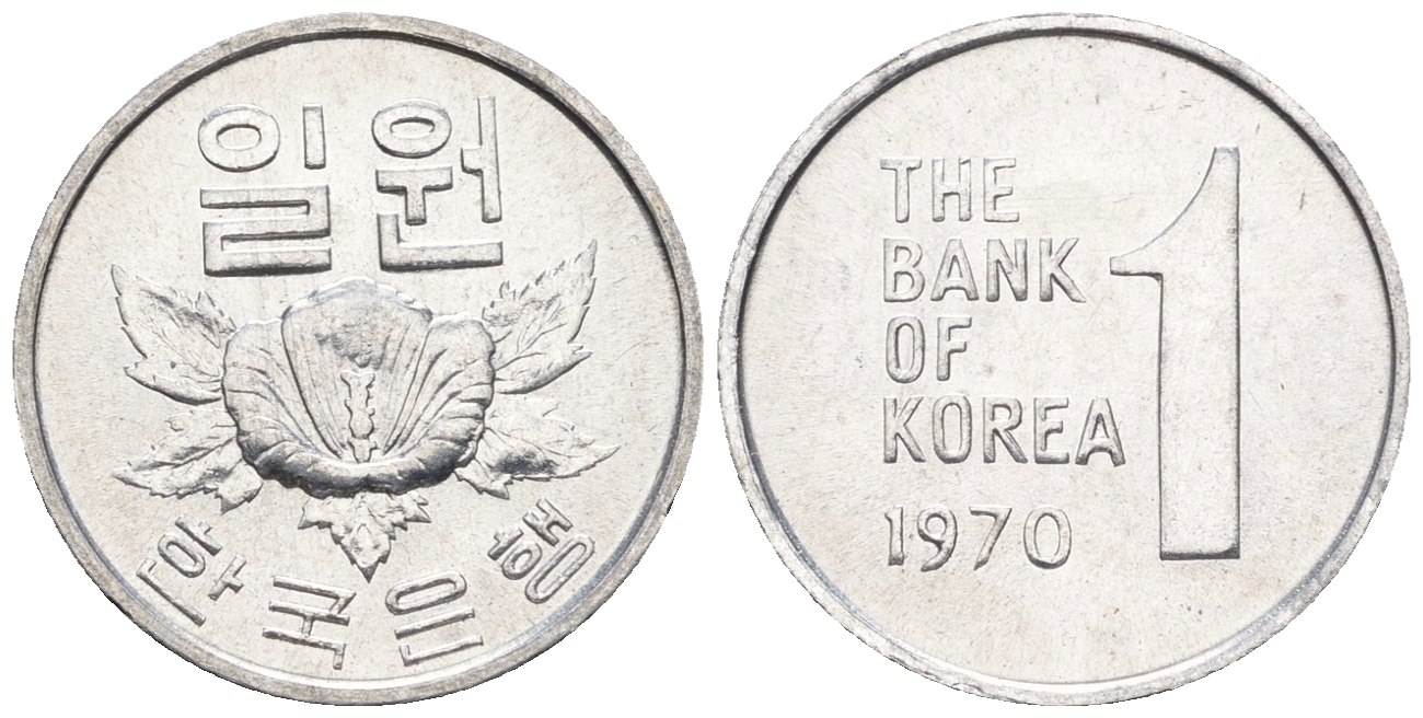 Южная Корея 1 вона 1970 роза шарона KM 4a алюминий  UNC  4151-244