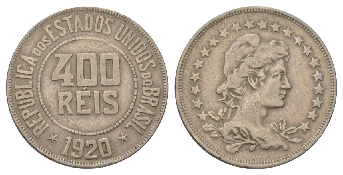 Бразилия 400 реалов 1920 KM 520 медно-никель 4624-1157