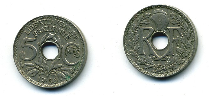 ФРАНЦИЯ 5 САНТИМОВ 1936 ТИП ЛИНДАЙЁ KM 875 медно-никель 84-318