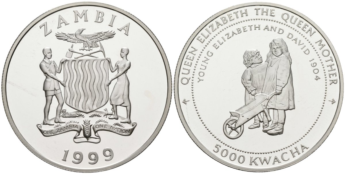 Замбия 5000 квача 1999 серия королева Елизавета - королева мать, маленькая Елизавета и Дэвид KM 92 серебро PROOF 1095-10-63