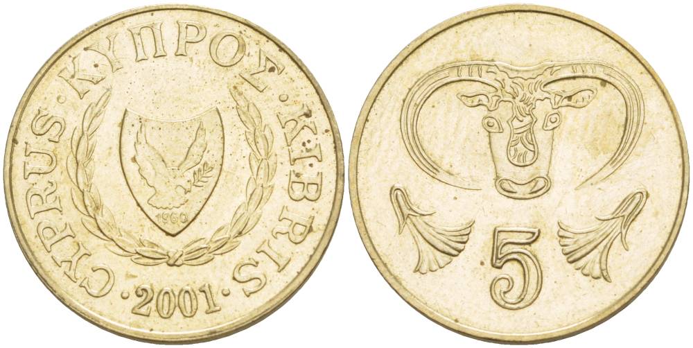 КИПР 5 ЦЕНТОВ 2001 KM 55.3 никель латунь 4526-1214