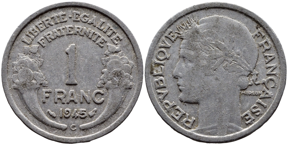 ФРАНЦИЯ 1 ФРАНК 1945 C KM 885a.3 алюминий 4393-1141