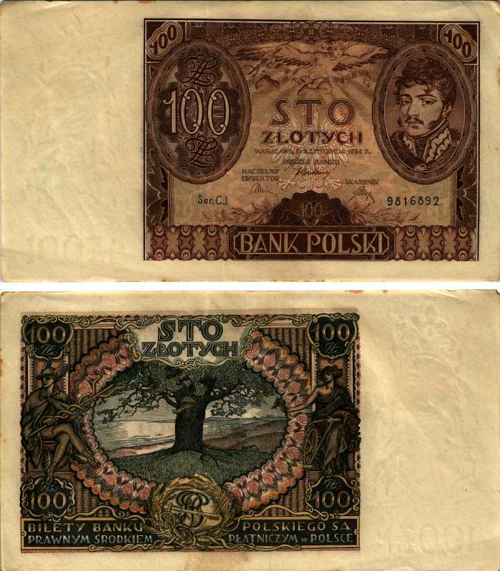 Польша 100 злотых 1934 Юзеф Понятовский, серия CJ Pick 75 a бумага 7487-49-2-1