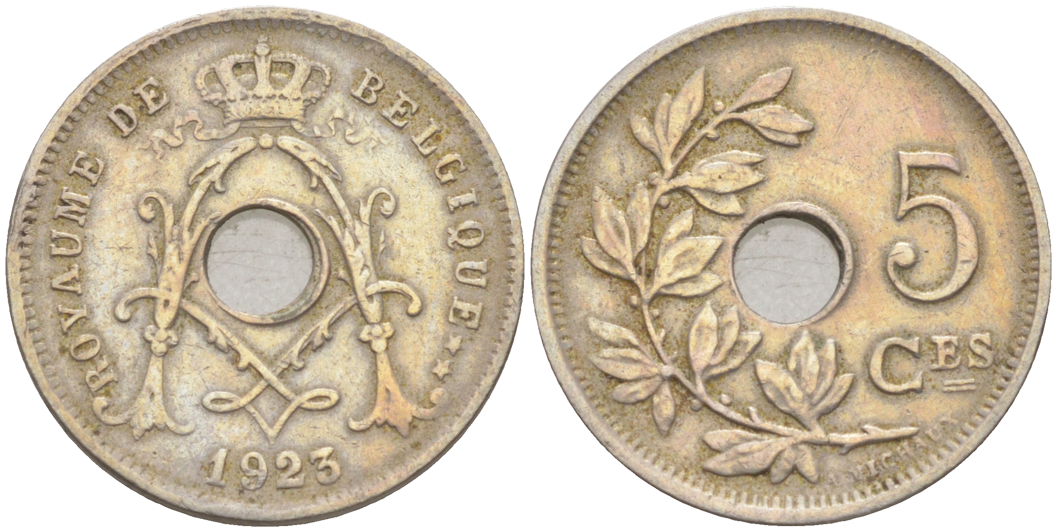 БЕЛЬГИЯ 5 САНТИМОВ 1923 BELGIQUE KM 66 медно-никель 187-957