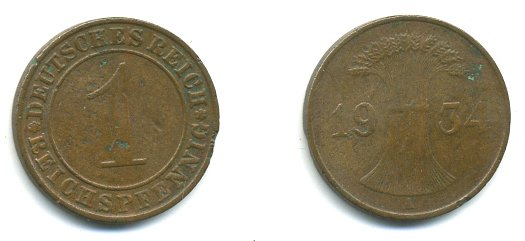 ГЕРМАНИЯ 1 РЕЙХСПФЕННИГ 1934 A KM 37, J.313 бронза 35-155
