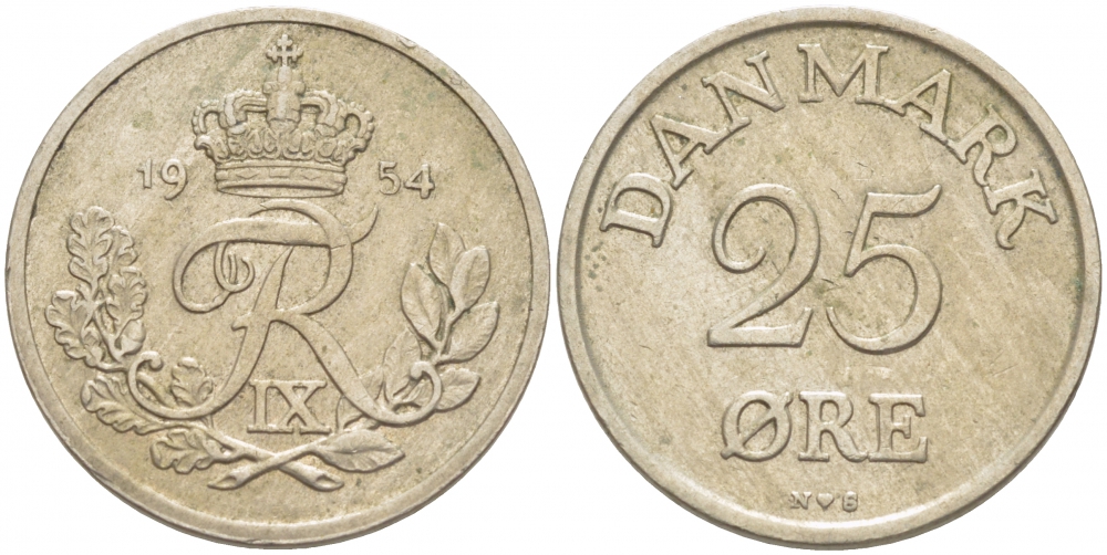 Дания 25 эре 1954 N; S, Фредерик IX (1947-1972) KM 842.1 медно-никель 4402-1241