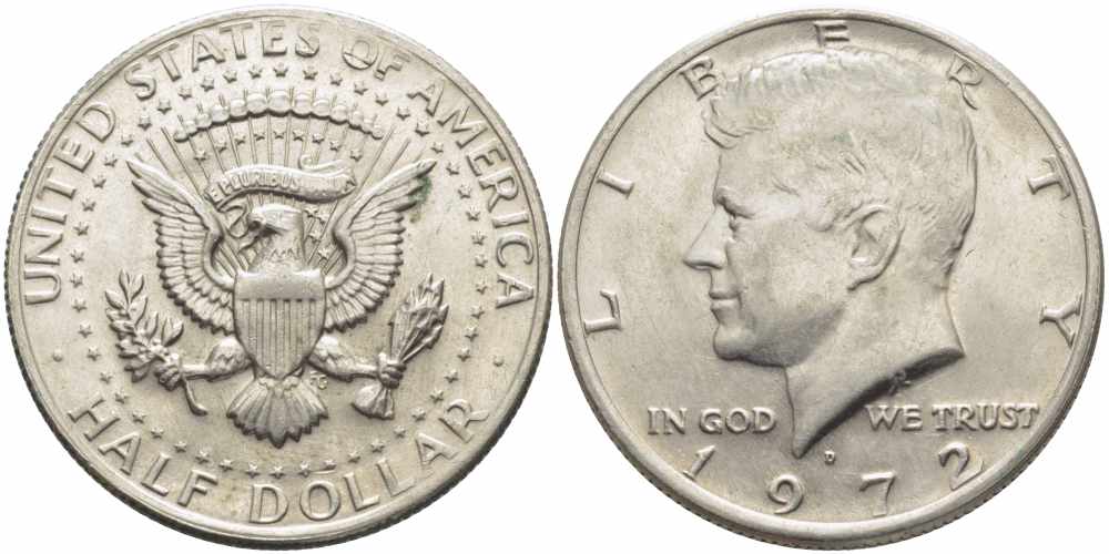 США 1/2 доллара (50 центов) 1972 D, Джон Кеннеди KM 202b медь плакированная медно-никелем 79-111