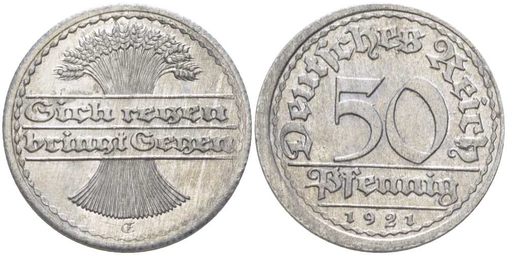 ГЕРМАНИЯ 50 ПФЕННИГОВ 1921 G KM 27, J. 301, Weege 10 алюминий 261-744