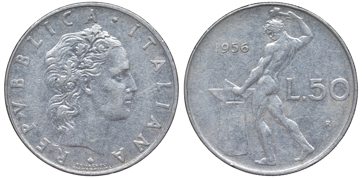 Италия 50 лир 1956 R, бог огня Вулкан у наковальни KM 95.1 нержавеющая сталь 4142-1152