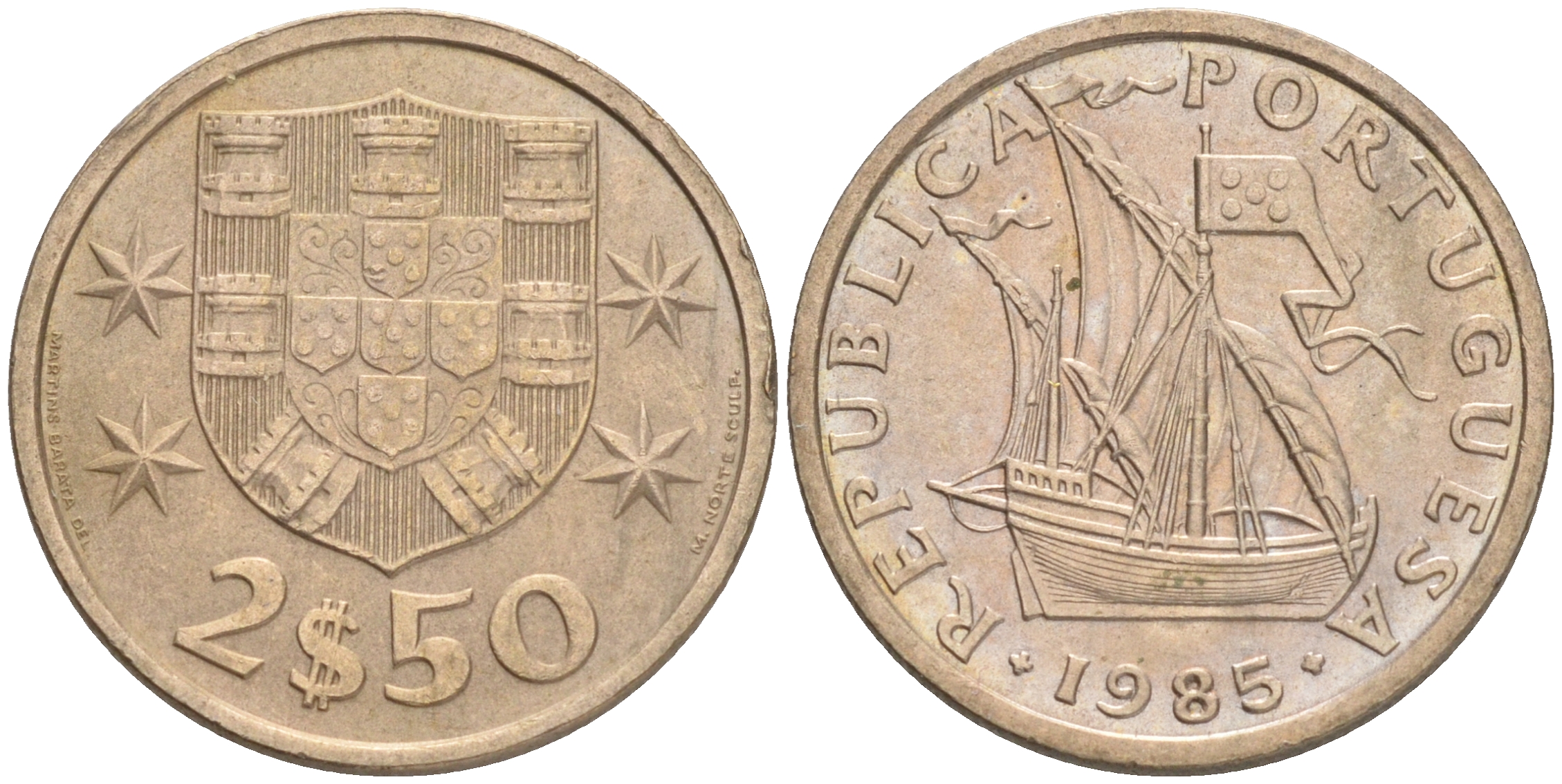 ПОРТУГАЛИЯ 2,5 ЭСКУДО 1985 ПАРУСНИК KM 590 медно-никель 192-818