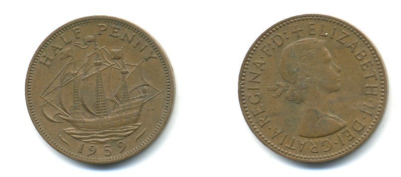 Великобритания 1/2 пенни 1959 Елизавета II (1952-2022) KM 896, Spink 4158 бронза 59-1116