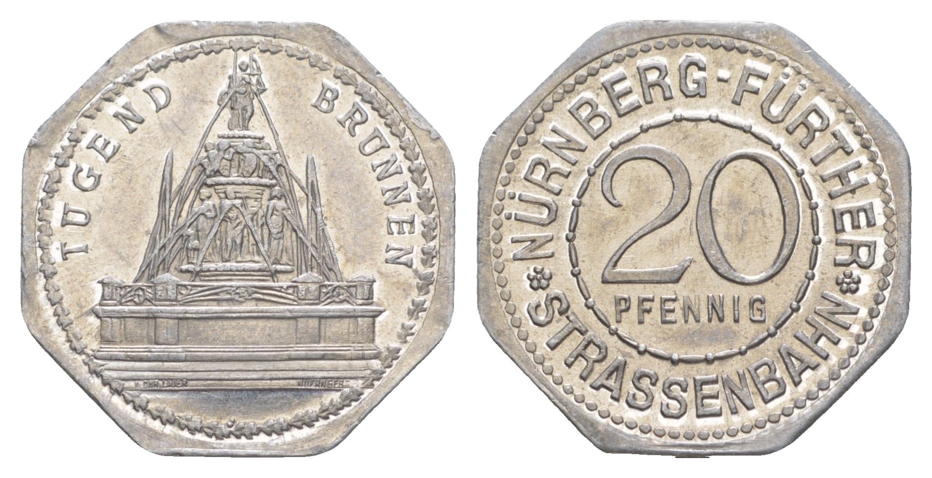 Нюрнберг трамвайный (транспортный) жетон в 20 пфеннигов ND (1920-1921) Фонтан Добродетелей Men05 19256.42, Men18 24102.42 алюминий UNC 4638-324