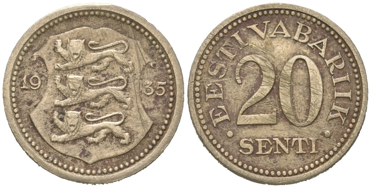 Эстония 20 центов 1935 Республика (1928-1940) KM 17 никель бронза 96-1066