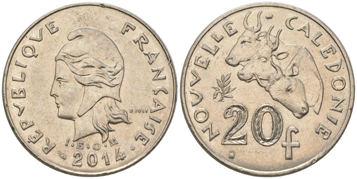 Французская Новая Каледония 20 франков 2014 три быка, (IEOM) KM 12a, Schoen 14a медно-никель 4137-511