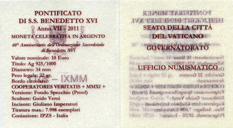 Ватикан 10 евро 2011 Бенедикт XVI, 60 лет рукоположения, в оригинальной коробке, с сертификатом KM 428 серебро  PROOF  7-1-32