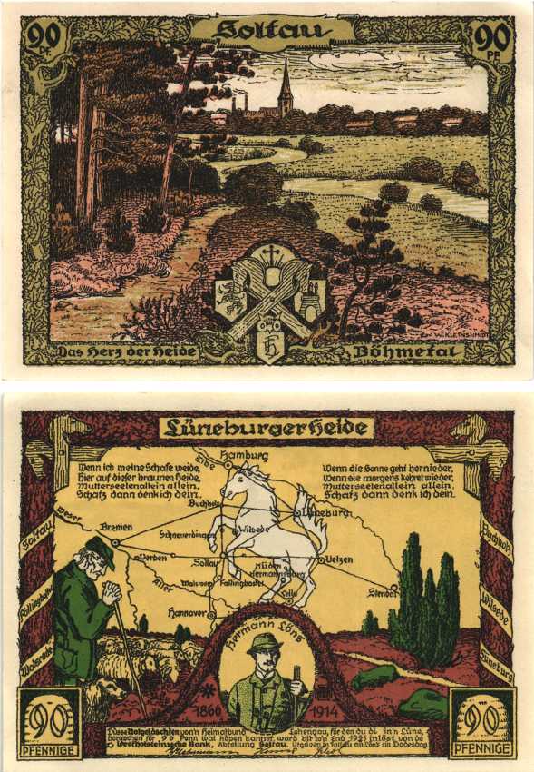 ЗОЛЬТАУ 90 ПФЕННИГОВ 1921 НОТГЕЛЬД, ЗЕМЛЯ НИЖНЯЯ САКСОНИЯ Grabowski 1238.1 бумага 8608-3-1-2