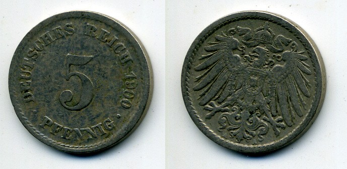 ГЕРМАНИЯ 5 ПФЕННИГОВ 1900 A, KM 11, J. 12 медно-никель 58-1141