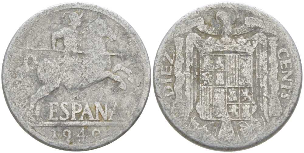 ИСПАНИЯ 10 СЕНТИМО 1940 РЫЦАРЬ НА КОНЕ KM 766 алюминий 213-112