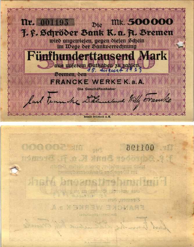 БРЕМЕН 500000 МАРОК 1923 НОТГЕЛЬД, 15 АВГУСТА 1923, FRANKE WERKE K. a. A., ПЕРФОРАЦИЯ ЗВЕЗДА, СВОБОДНЫЙ ГОРОД Keller 585c бумага 6300-32-2-2