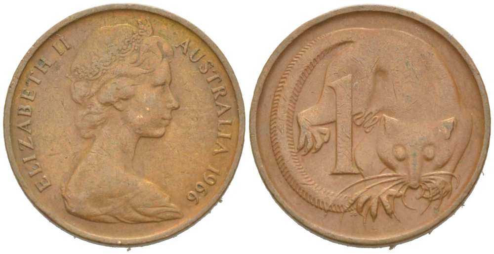 АВСТРАЛИЯ 1 ЦЕНТ 1966 ЕЛИЗАВЕТА II (1952-) МОЛОДОЙ ПОРТРЕТ, ОПОССУМ KM 62 бронза 218-111